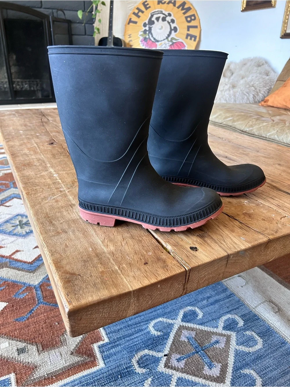 Kids Black Rubber Rain Boots wellies with orange Sole 4